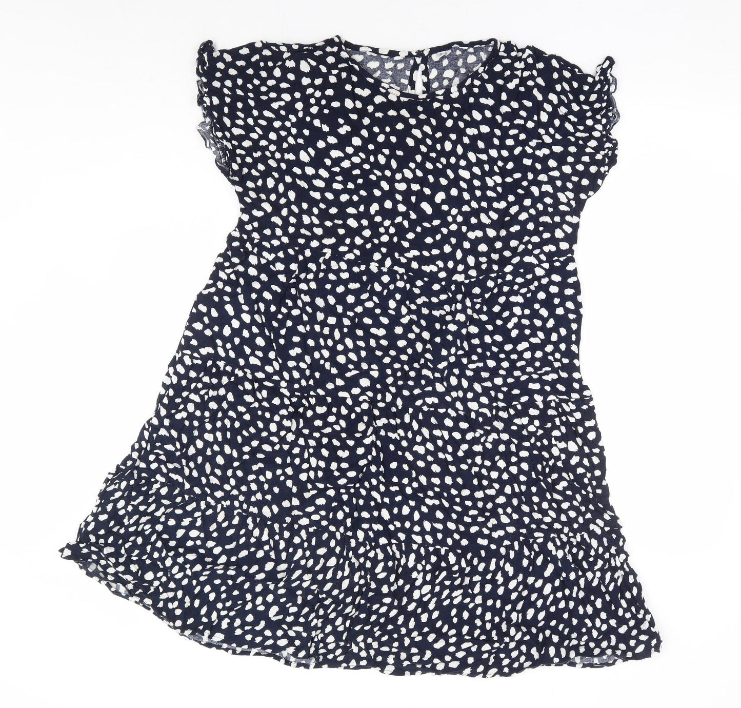 Preworn Womens Blue Geometric Polyester Fit & Flare Size L Round Neck Button - Tiered