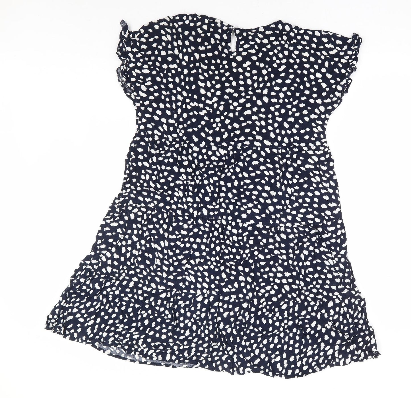 Preworn Womens Blue Geometric Polyester Fit & Flare Size L Round Neck Button - Tiered
