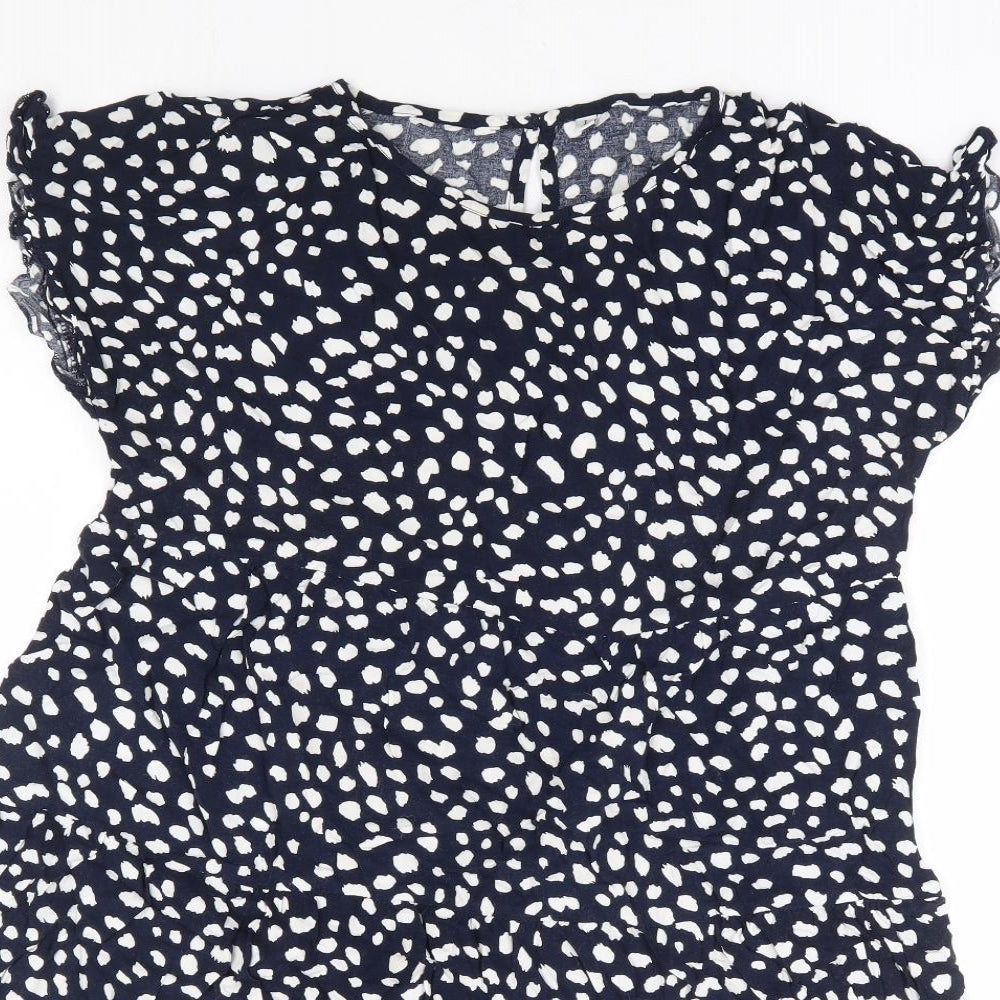 Preworn Womens Blue Geometric Polyester Fit & Flare Size L Round Neck Button - Tiered