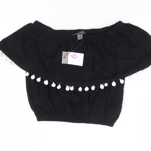 Primark Womens Black 100% Cotton Cropped Tank Size 6 Off the Shoulder - Pom Pom Trim Bandeau Top