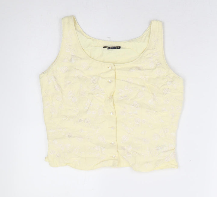 Monsoon Womens Yellow Floral Cotton Basic Blouse Size 10 Round Neck