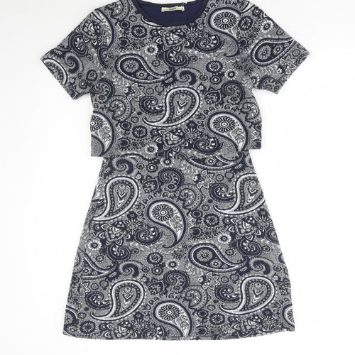 Oasis Womens Blue Paisley Polyester A-Line Size S Round Neck Pullover