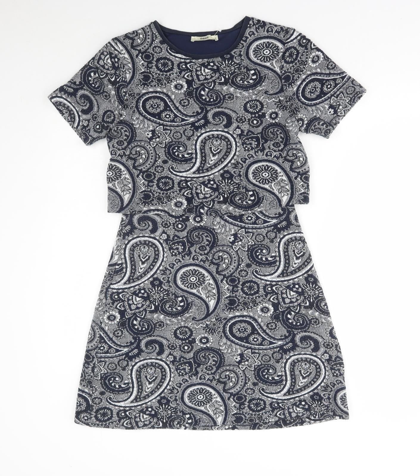 Oasis Womens Blue Paisley Polyester A-Line Size S Round Neck Pullover