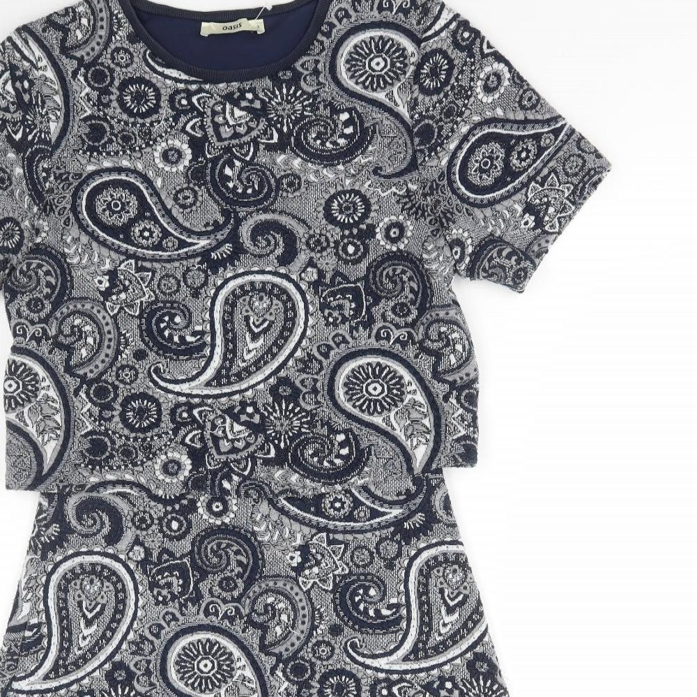 Oasis Womens Blue Paisley Polyester A-Line Size S Round Neck Pullover