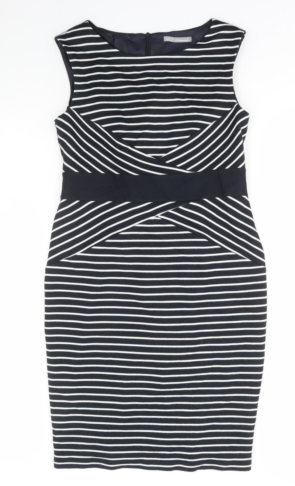 Marks and Spencer Womens Blue Striped Acrylic Bodycon Size 14 Round Neck Zip