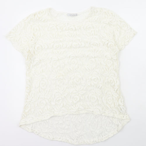 Cut Loose Womens White Geometric Cotton Basic T-Shirt Size M Round Neck