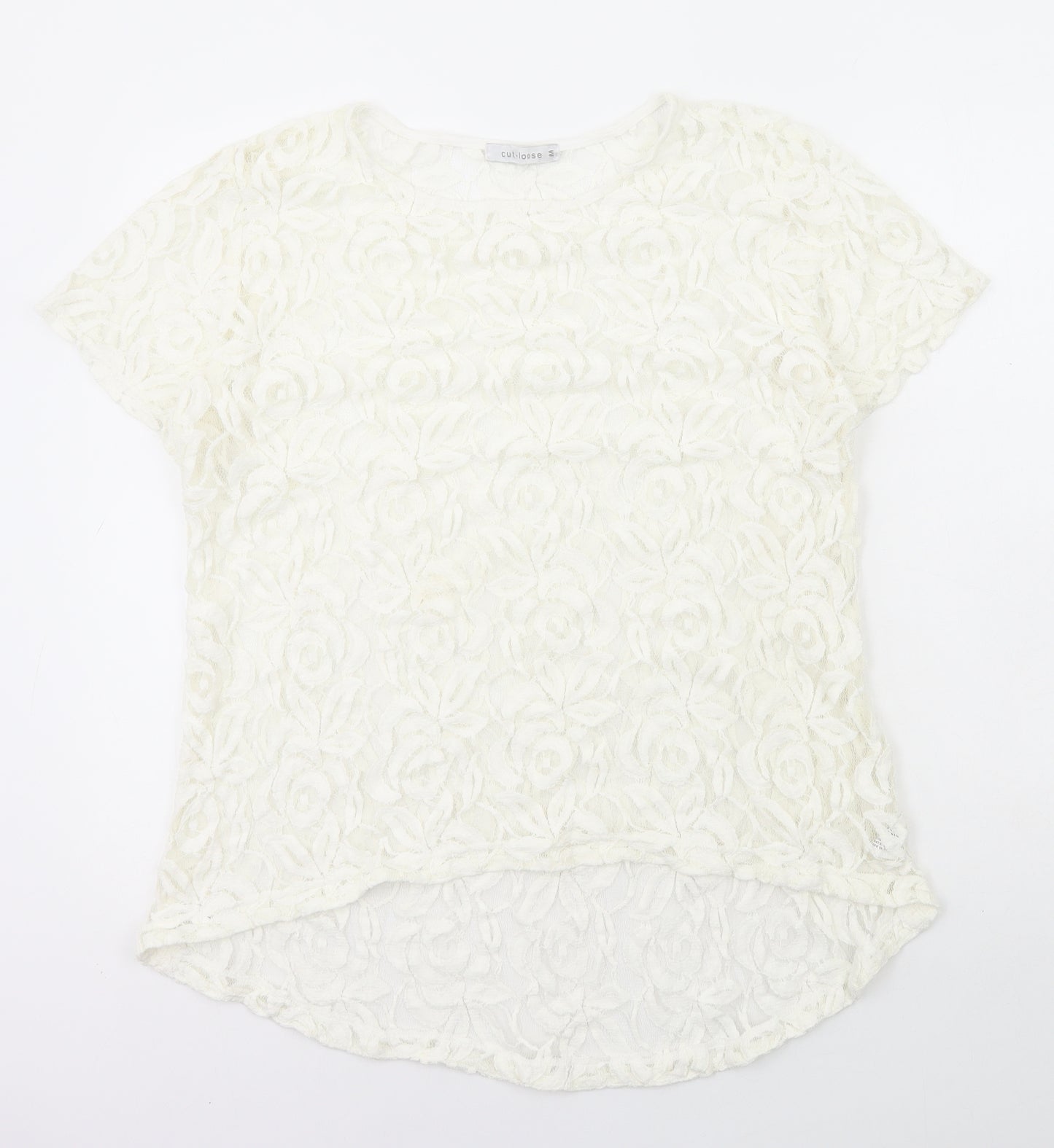 Cut Loose Womens White Geometric Cotton Basic T-Shirt Size M Round Neck