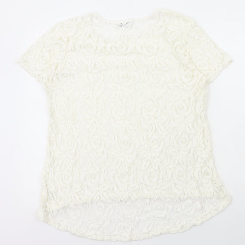Cut Loose Womens White Geometric Cotton Basic T-Shirt Size M Round Neck