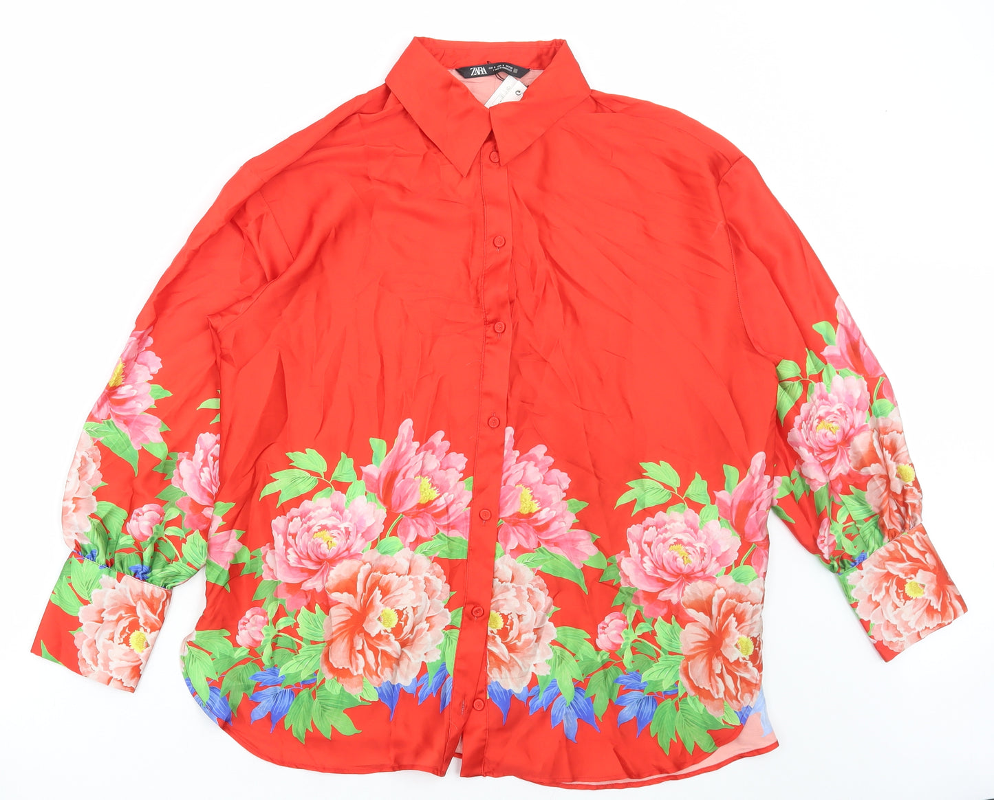 Zara Womens Red Floral Polyester Basic Button-Up Size S Collared