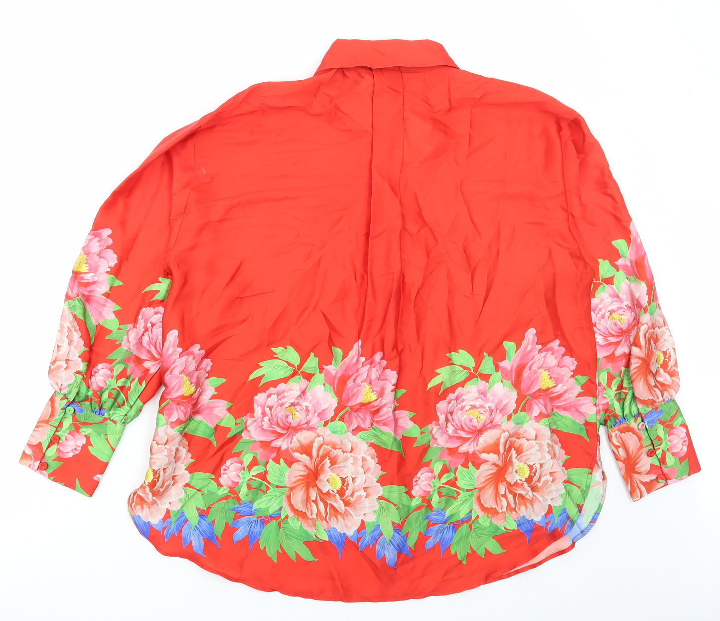 Zara Womens Red Floral Polyester Basic Button-Up Size S Collared