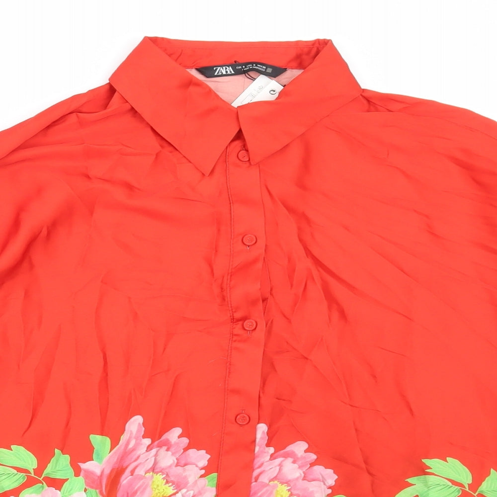 Zara Womens Red Floral Polyester Basic Button-Up Size S Collared