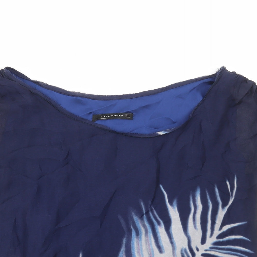 Zara Womens Blue Geometric Polyester Basic Blouse Size M V-Neck