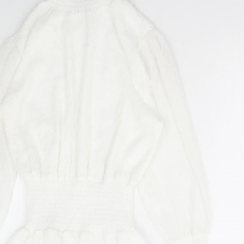 Boohoo Womens White Polka Dot Polyester Fit & Flare Size 8 High Neck Pullover