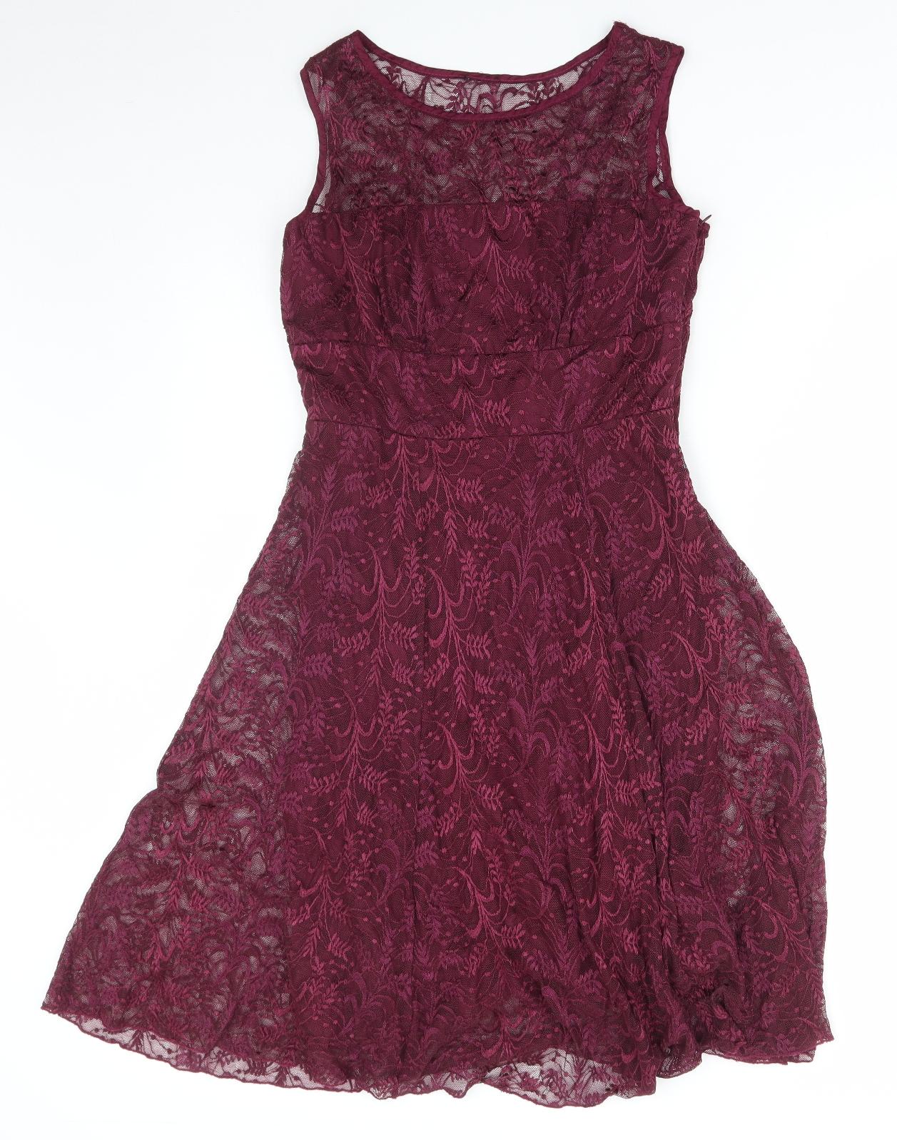 F&F Womens Red Nylon Skater Dress Size 12 Round Neck Pullover