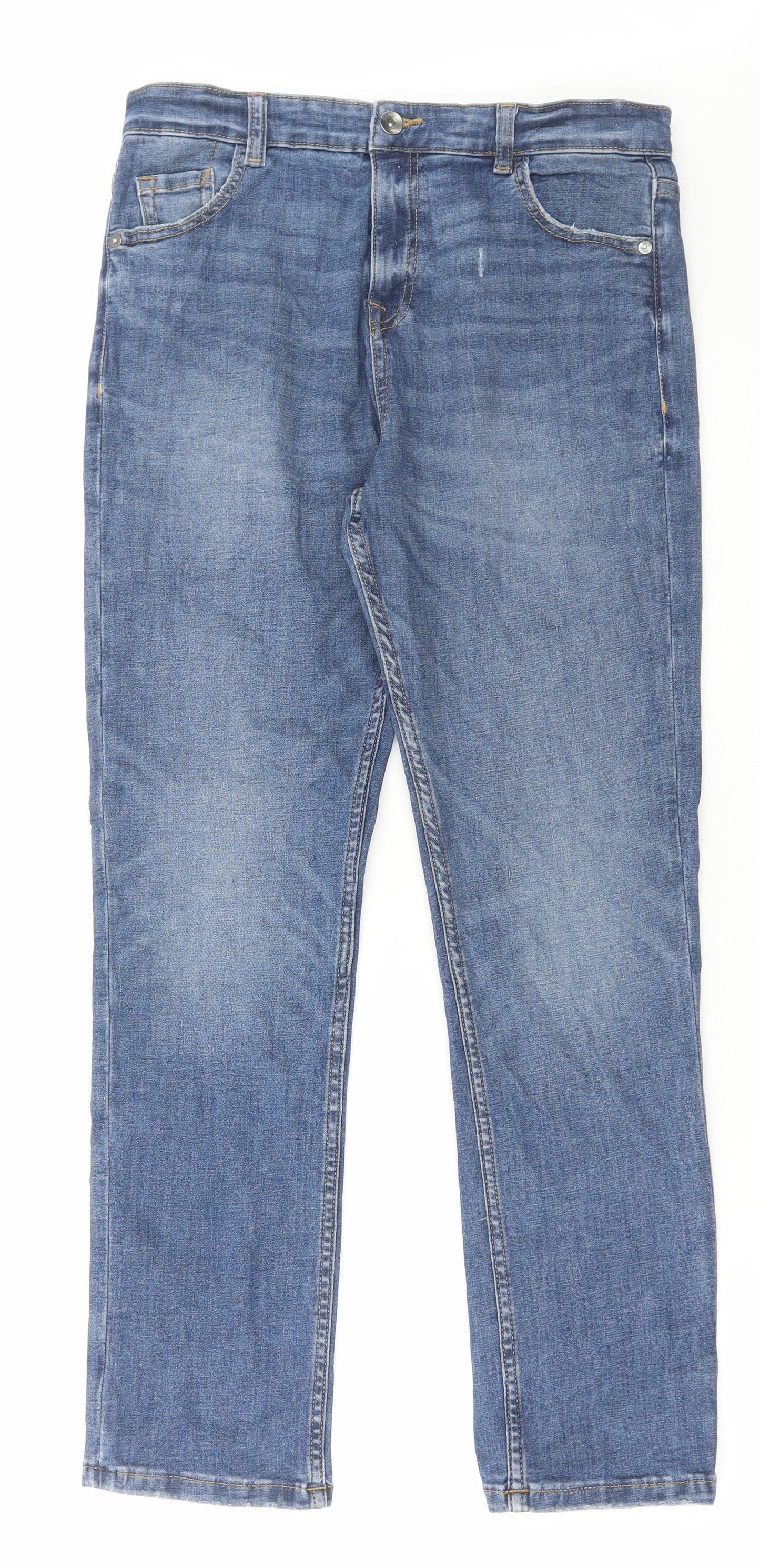 Marks and Spencer Girls Blue Cotton Straight Jeans Size 13-14 Years Regular Zip