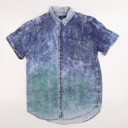 Topman Mens Blue Geometric Cotton Button-Up Size M Collared Button - Acid Wash