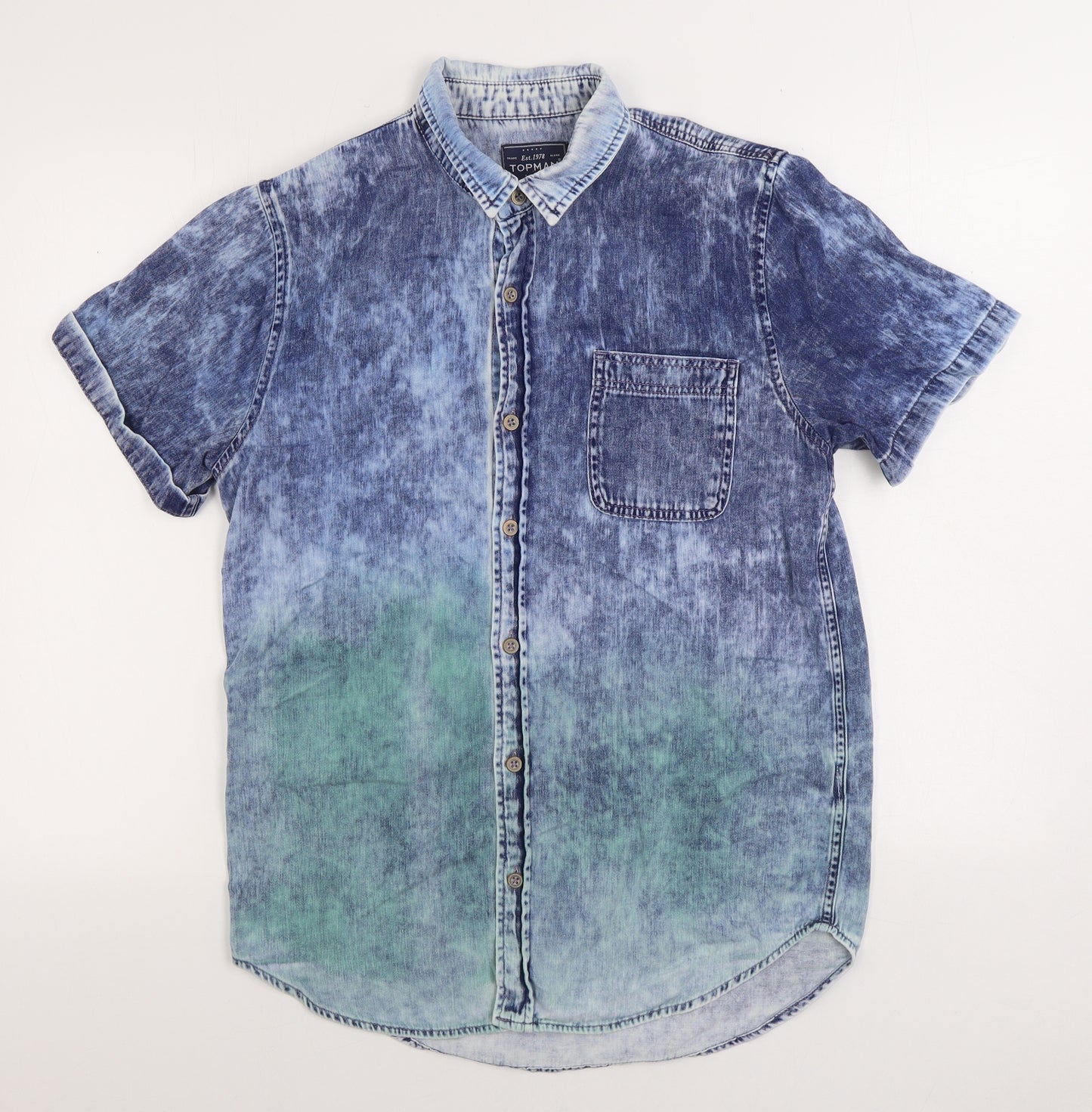 Topman Mens Blue Geometric Cotton Button-Up Size M Collared Button - Acid Wash