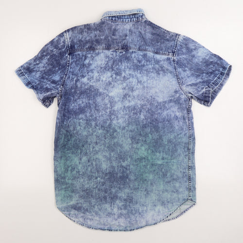 Topman Mens Blue Geometric Cotton Button-Up Size M Collared Button - Acid Wash