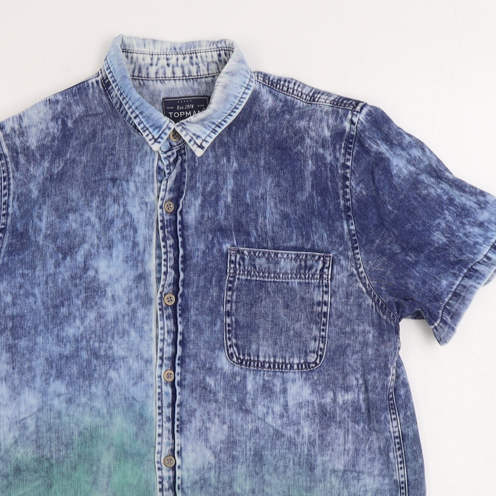 Topman Mens Blue Geometric Cotton Button-Up Size M Collared Button - Acid Wash