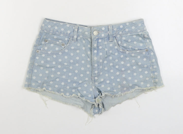 Topshop Womens Blue Polka Dot Cotton Hot Pants Shorts Size 28 in Regular Zip