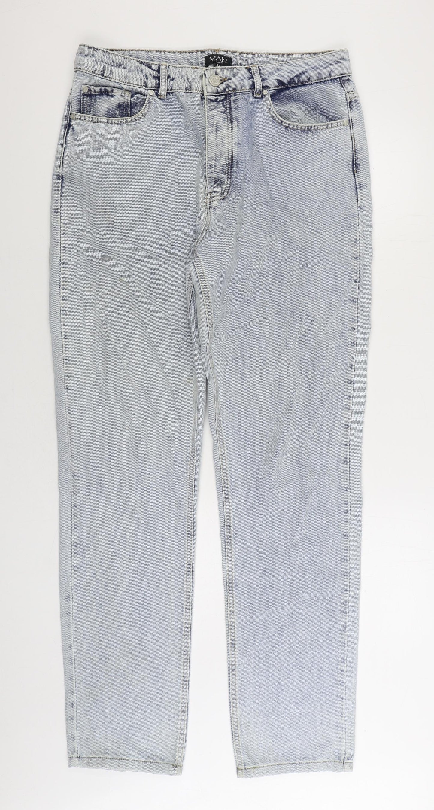 BoohooMan Mens Blue Cotton Skinny Jeans Size 34 in L35 in Regular Zip - Acid Wash