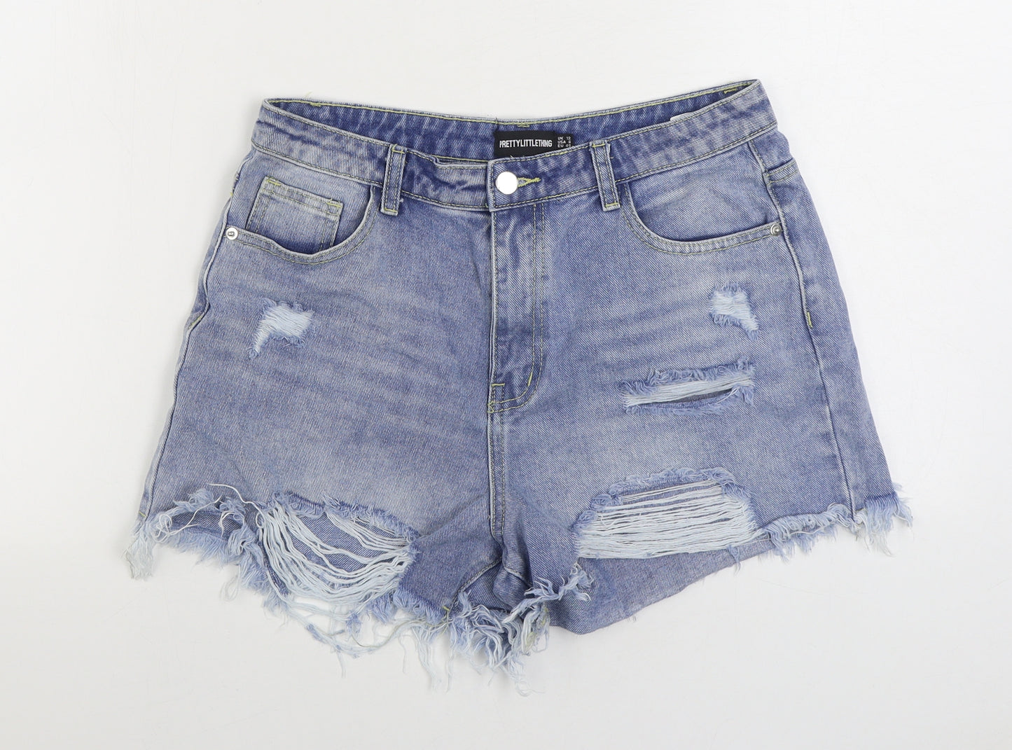 PRETTYLITTLETHING Womens Blue Cotton Hot Pants Shorts Size 12 Regular Zip - Distressed