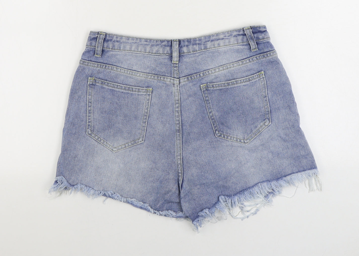 PRETTYLITTLETHING Womens Blue Cotton Hot Pants Shorts Size 12 Regular Zip - Distressed