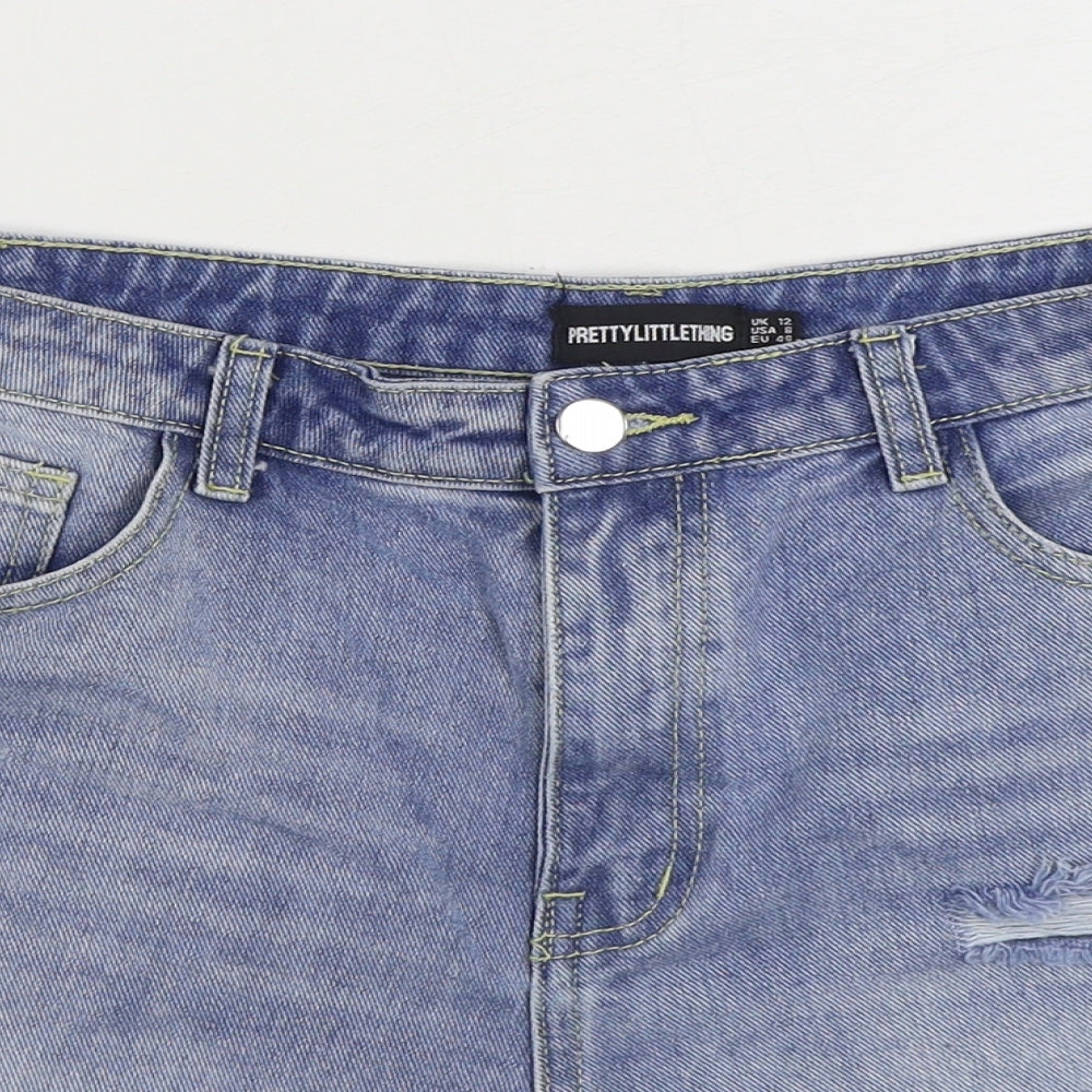 PRETTYLITTLETHING Womens Blue Cotton Hot Pants Shorts Size 12 Regular Zip - Distressed