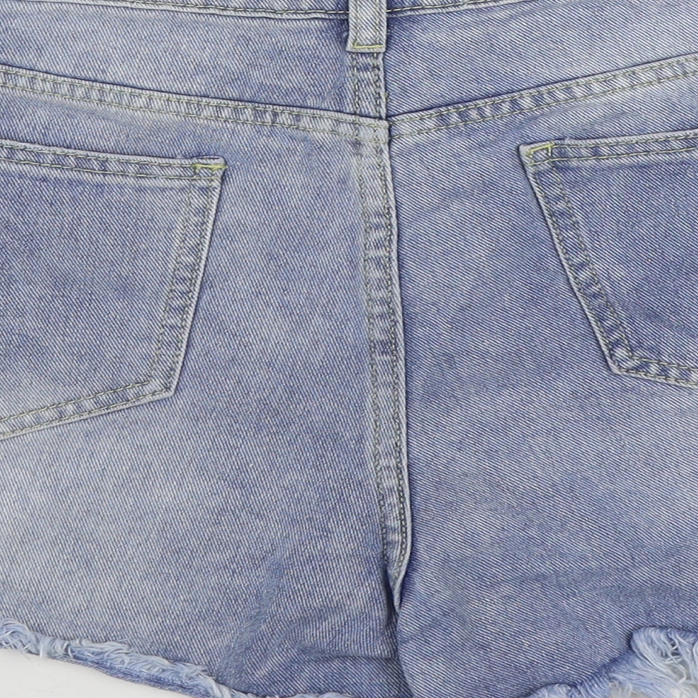 PRETTYLITTLETHING Womens Blue Cotton Hot Pants Shorts Size 12 Regular Zip - Distressed