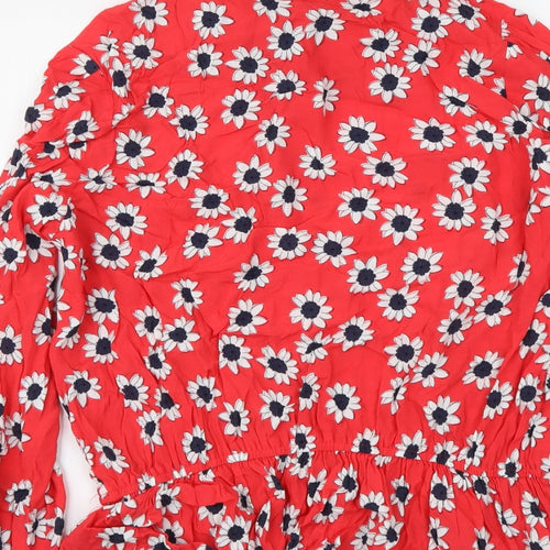 Marks and Spencer Womens Red Geometric Viscose Basic Blouse Size 14 Round Neck