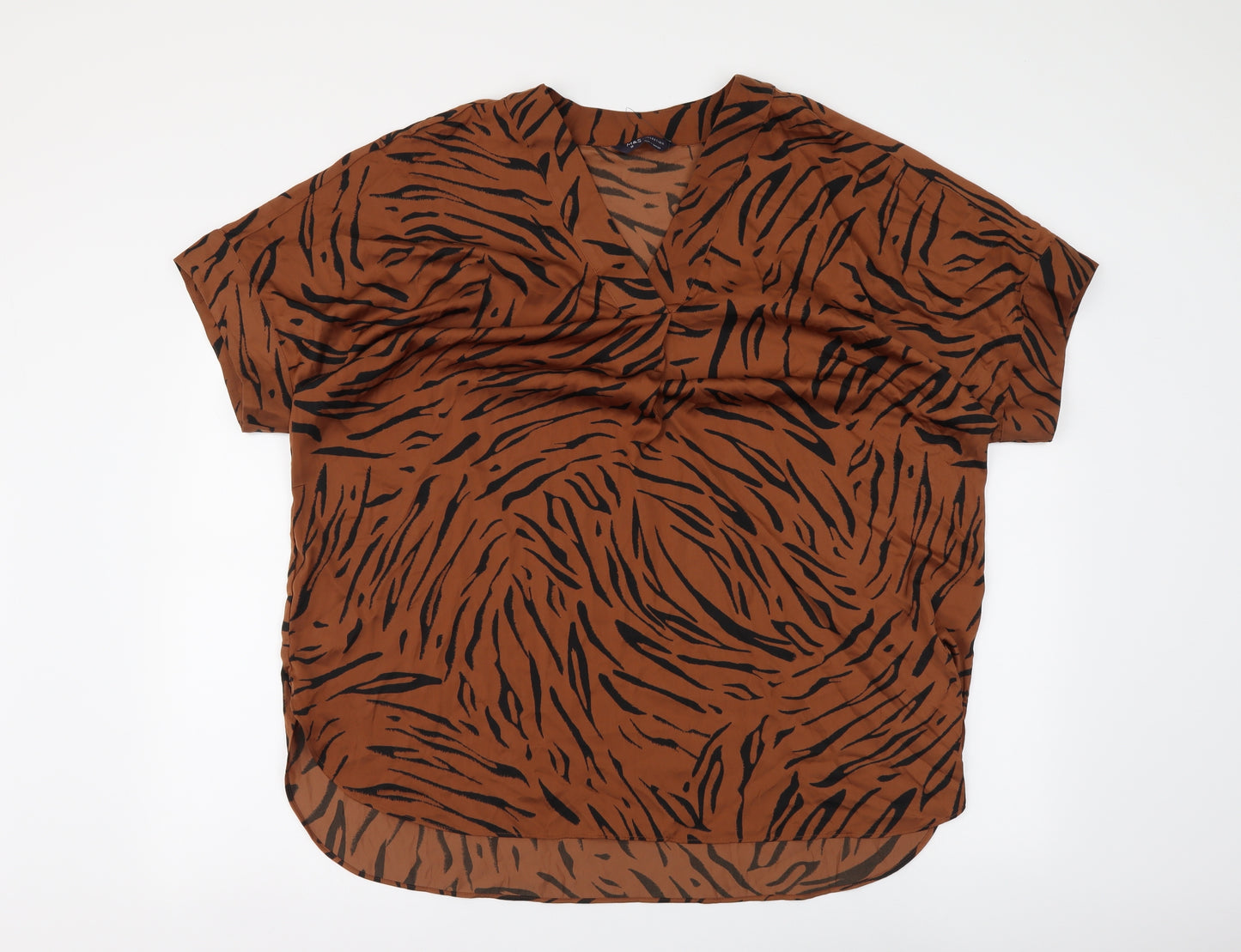 Marks and Spencer Womens Brown Animal Print Polyester Basic Blouse Size 18 V-Neck