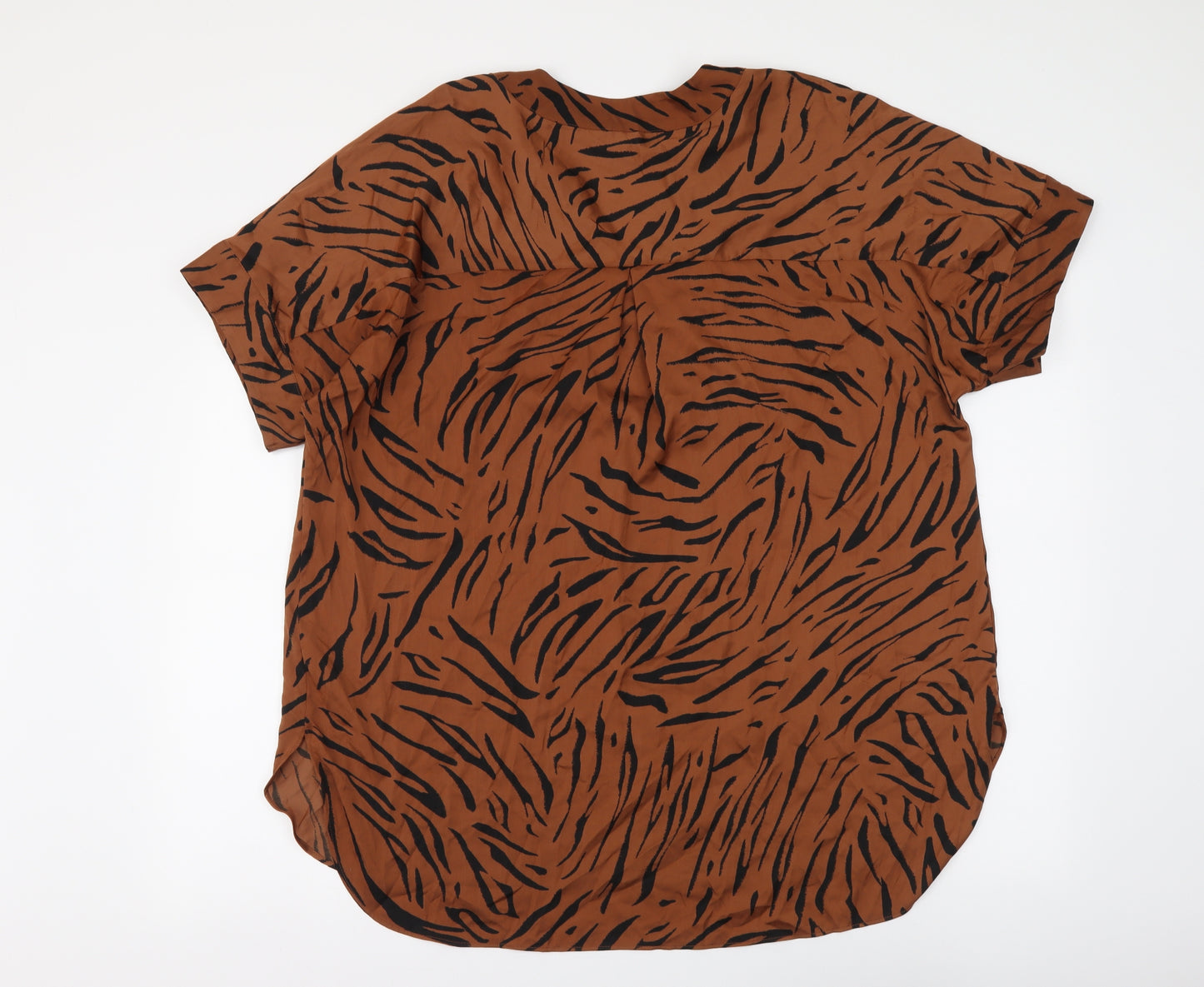 Marks and Spencer Womens Brown Animal Print Polyester Basic Blouse Size 18 V-Neck