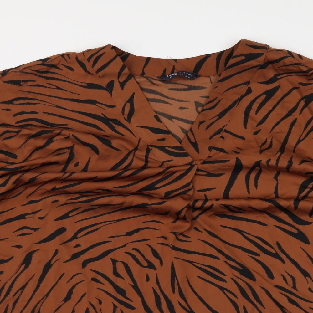 Marks and Spencer Womens Brown Animal Print Polyester Basic Blouse Size 18 V-Neck
