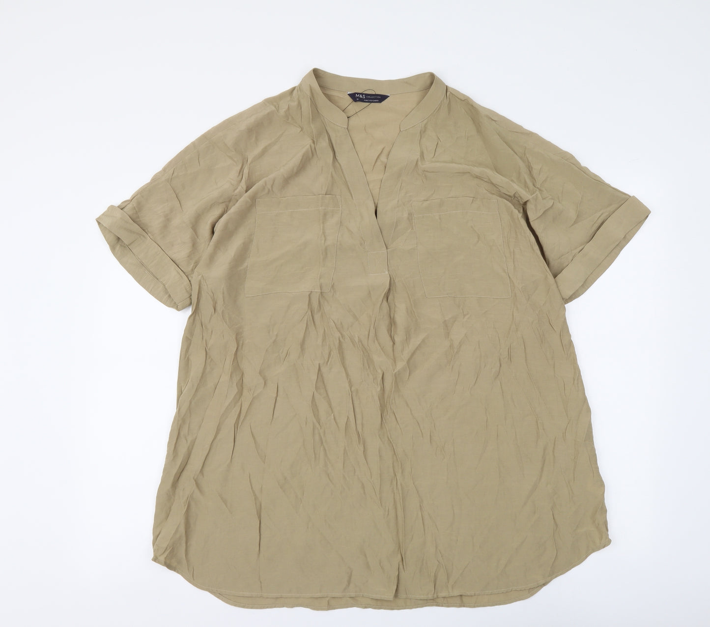 Marks and Spencer Womens Beige Viscose Basic Blouse Size 16 V-Neck