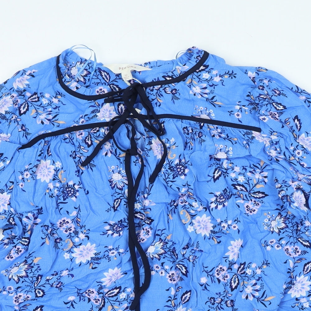 Per Una Womens Blue Floral Viscose Basic Blouse Size 12 Round Neck