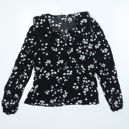 Marks and Spencer Womens Black Floral Viscose Basic Blouse Size 6 V-Neck