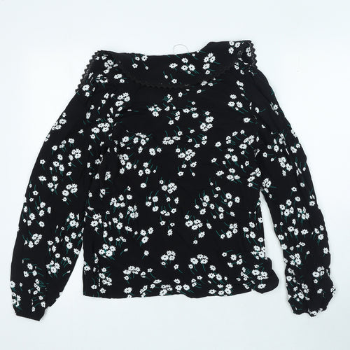 Marks and Spencer Womens Black Floral Viscose Basic Blouse Size 6 V-Neck