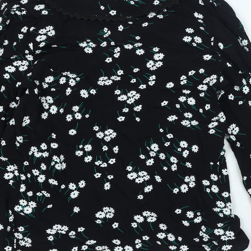 Marks and Spencer Womens Black Floral Viscose Basic Blouse Size 6 V-Neck