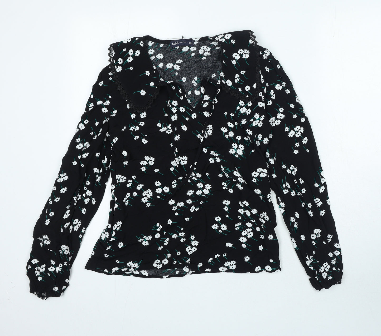 Marks and Spencer Womens Black Floral Viscose Basic Blouse Size 8 V-Neck