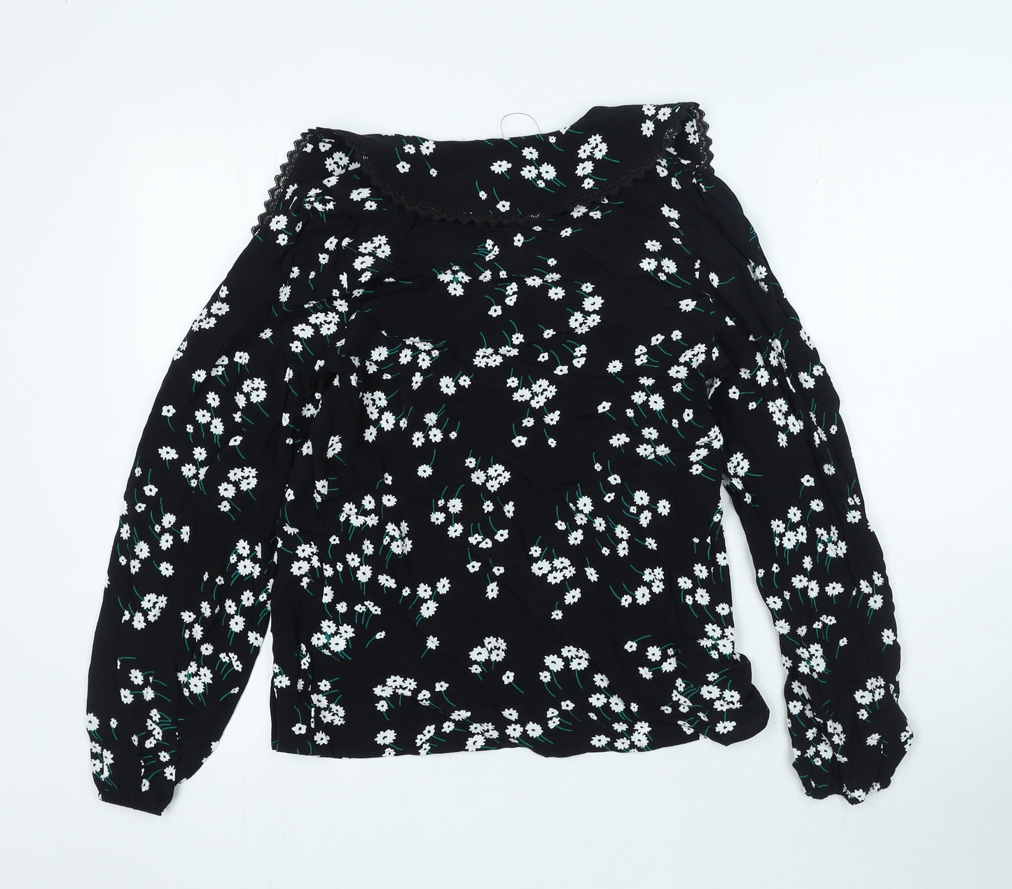 Marks and Spencer Womens Black Floral Viscose Basic Blouse Size 8 V-Neck