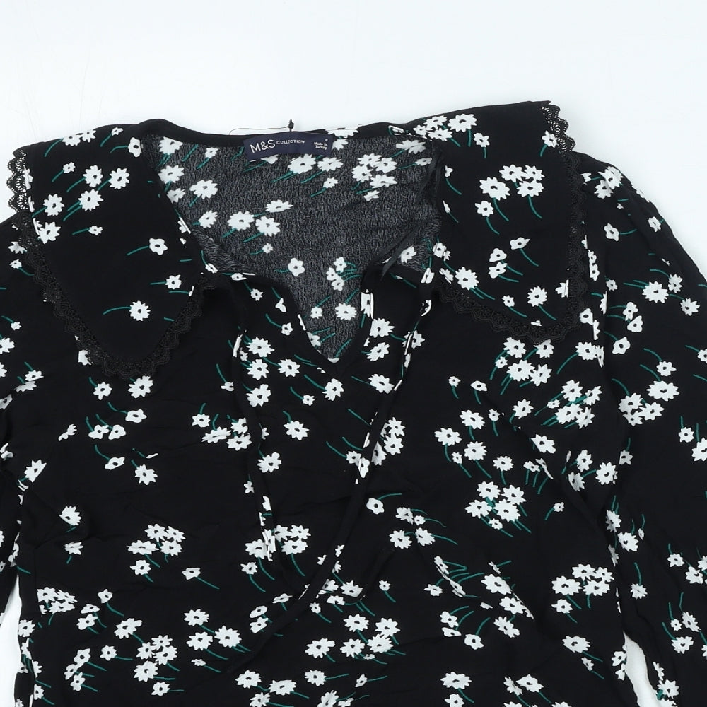 Marks and Spencer Womens Black Floral Viscose Basic Blouse Size 8 V-Neck
