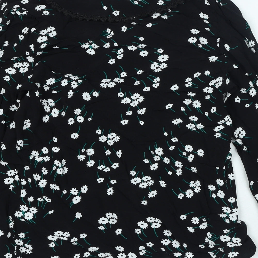 Marks and Spencer Womens Black Floral Viscose Basic Blouse Size 8 V-Neck