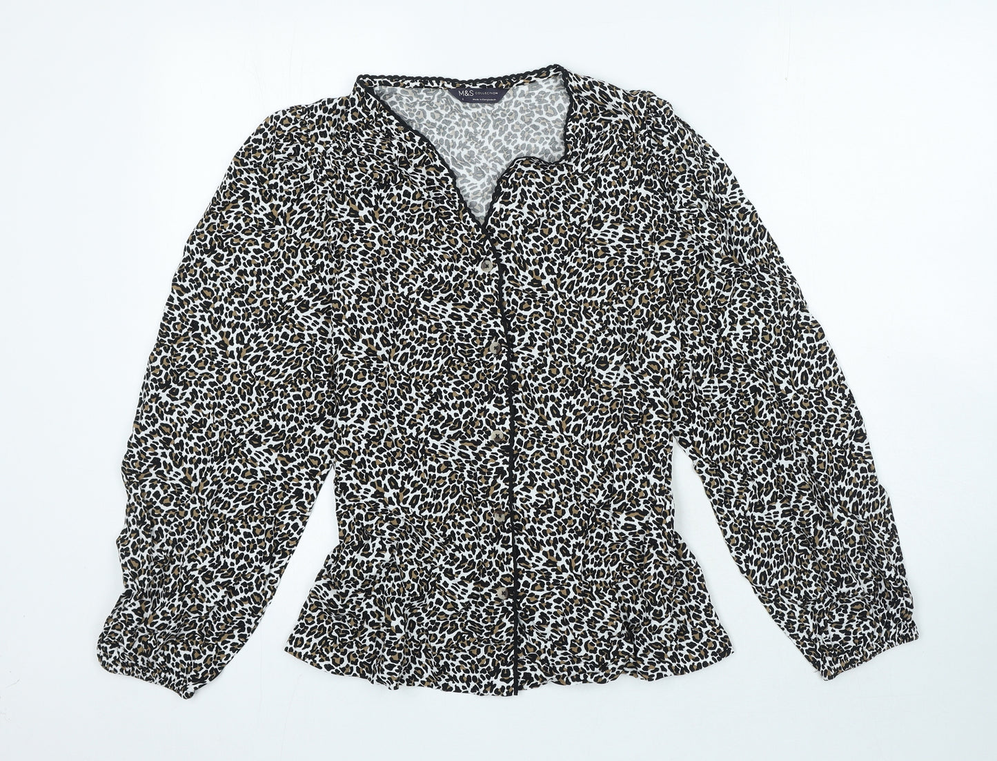 Marks and Spencer Womens Black Animal Print Viscose Basic Blouse Size 6 V-Neck - Leopard Print