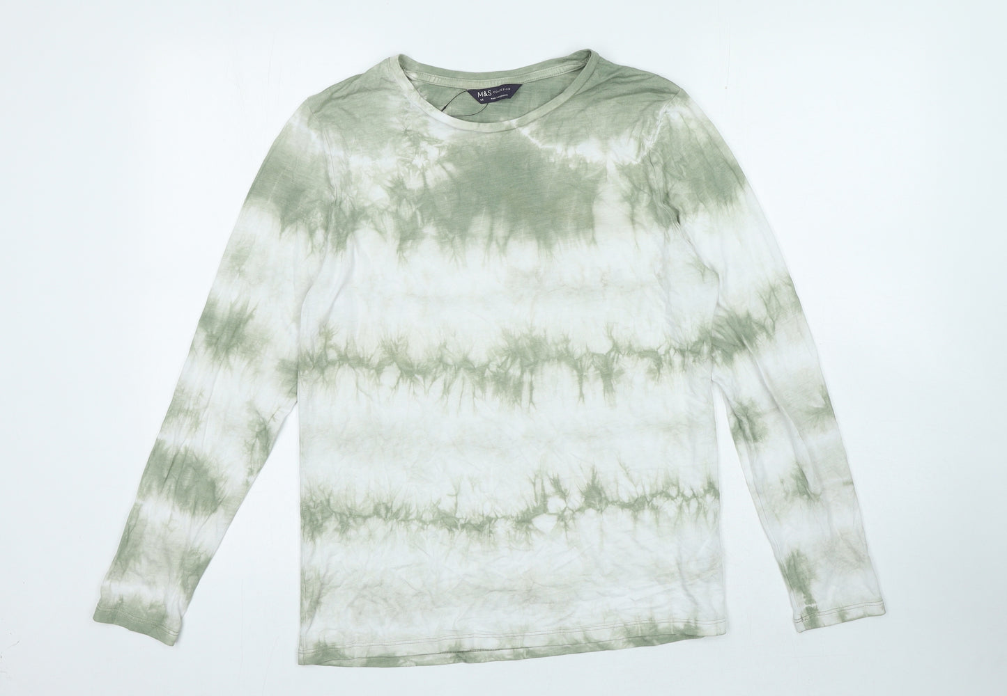 Marks and Spencer Womens Green Striped Viscose Basic T-Shirt Size 14 Crew Neck