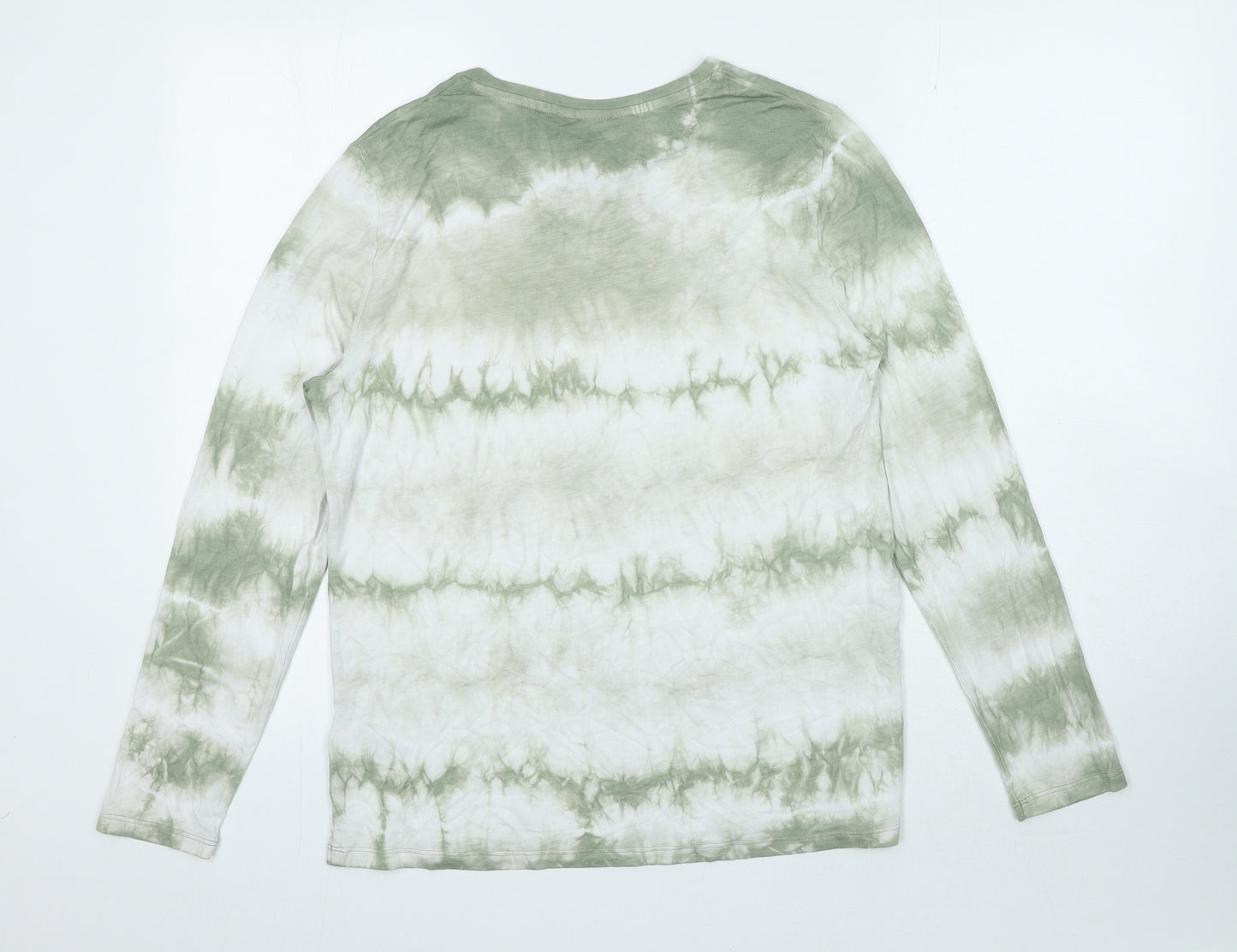 Marks and Spencer Womens Green Striped Viscose Basic T-Shirt Size 14 Crew Neck