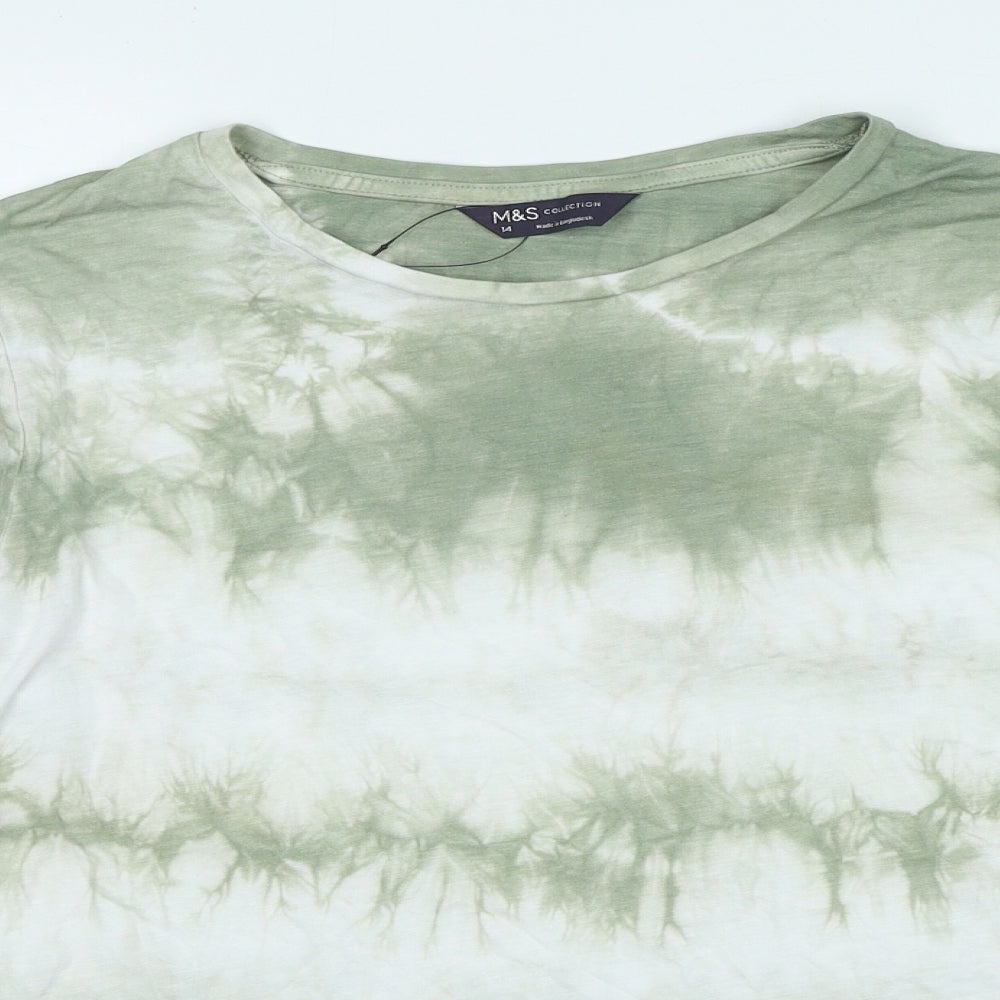 Marks and Spencer Womens Green Striped Viscose Basic T-Shirt Size 14 Crew Neck