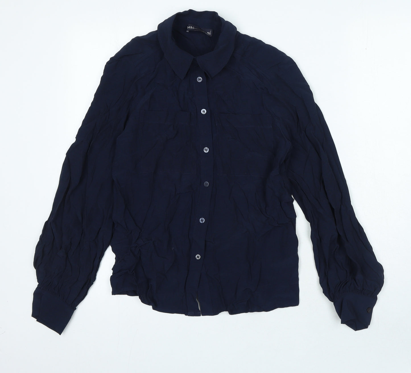 Marks and Spencer Womens Blue Viscose Basic Button-Up Size 6 Collared