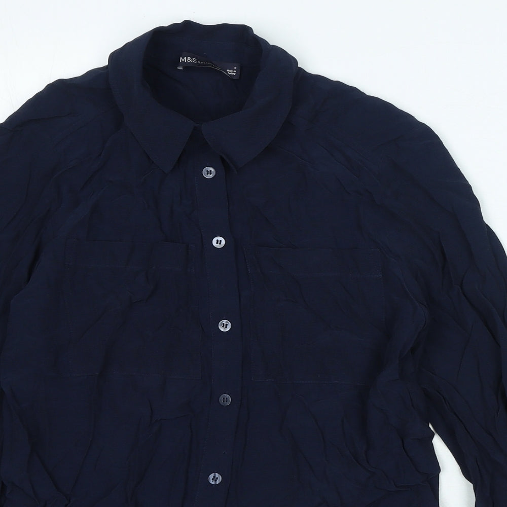 Marks and Spencer Womens Blue Viscose Basic Button-Up Size 6 Collared