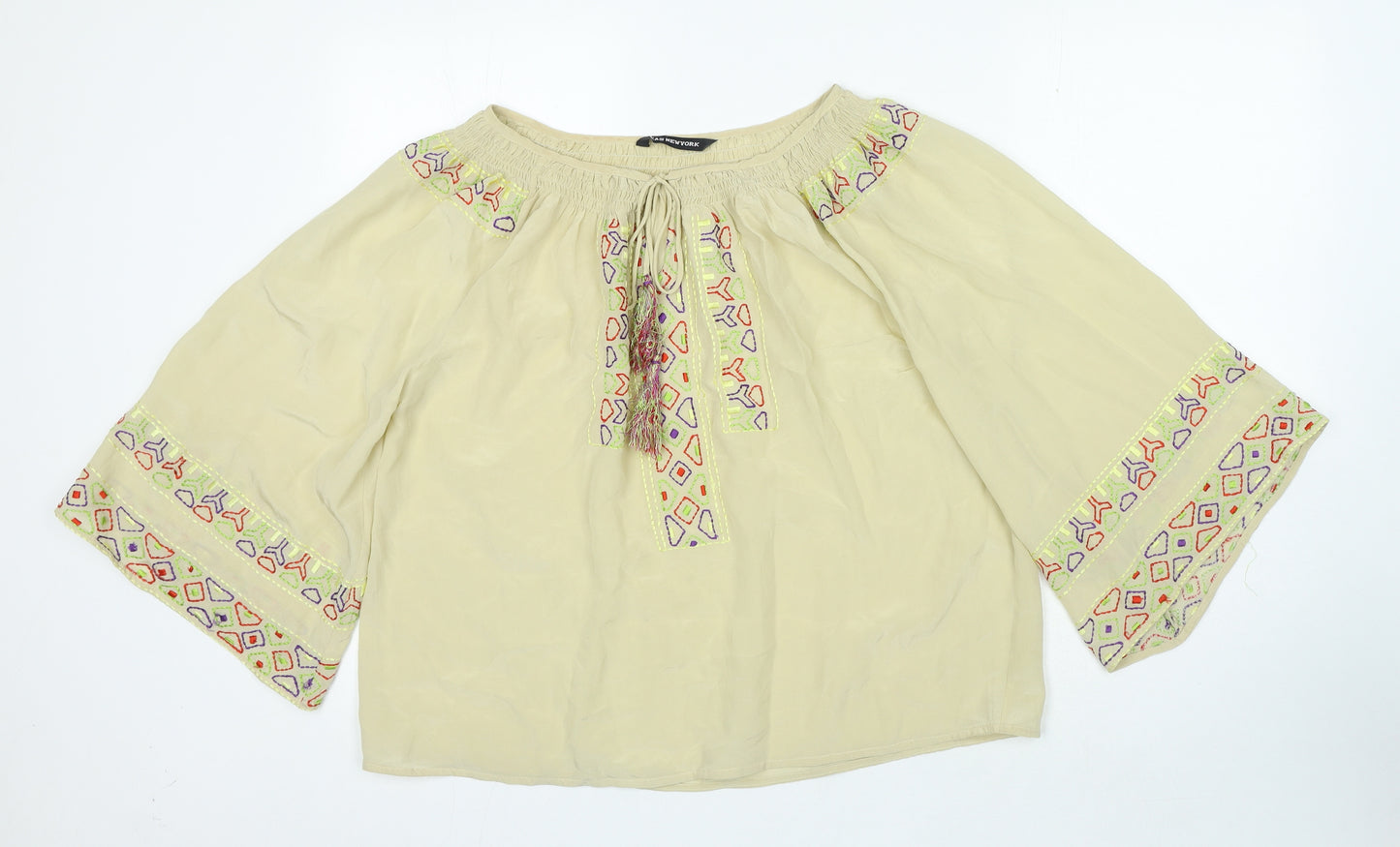 Kas New York Womens Beige Geometric Polyester Basic Blouse Size L Boat Neck
