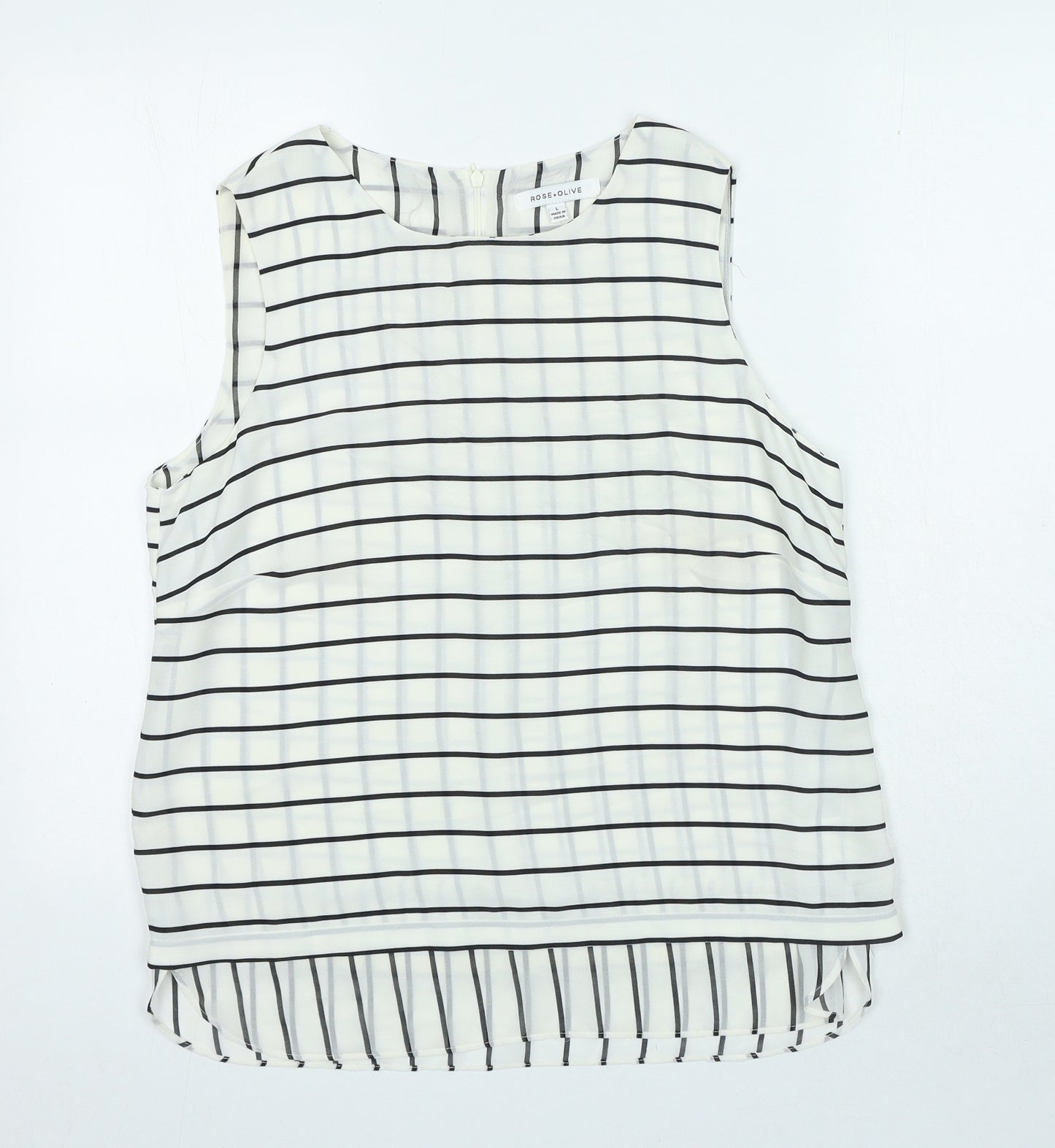 Rose and Olive Womens White Striped Polyester Basic Tank Size L Round Neck